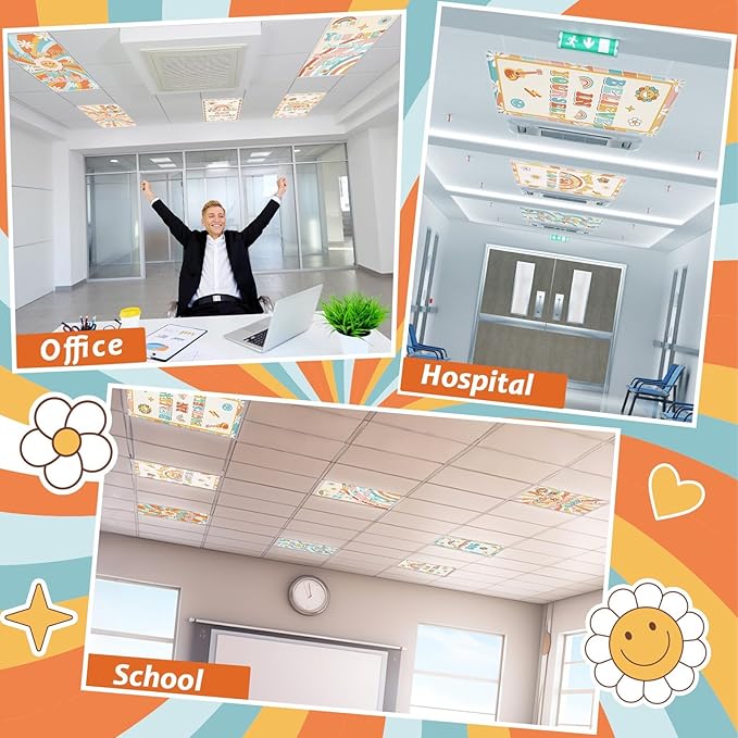 8 Pcs Fluorescent Light Covers with 80 Magnets Decorative for Classroom Ceiling Lights 4x2 Feet Magnetic Light Cover Filter Easy Install for Office Hospitals Drop Home Ceiling Supplies (Hippie Groovy)