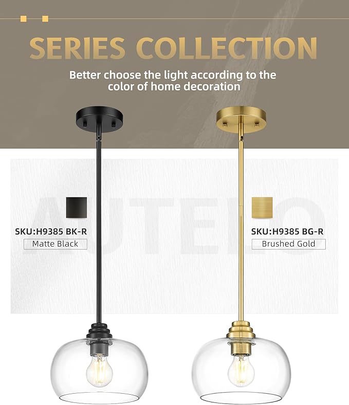 AUTELO 2 Pack Matte Black Pendant Lights, Kitchen Pendant Lights Over Island with Clear Drum Glass, Island Pendant Lights for Kitchen Dining Room Bar, H9385 BK-R-2PK