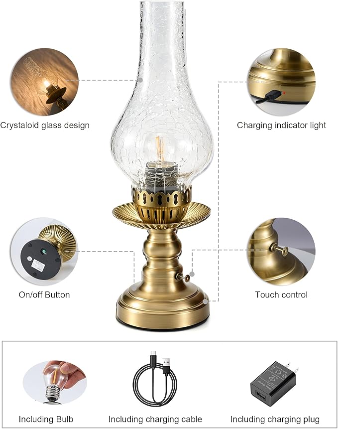 UMEXUS Vintage Rechargeable Cordless Table Lamp with Dimmer & Touch Control, Small Battery Powered Lights, Hand-Blown Glass Retro Farmhouse Lamp for Bedroom, Living Room, Dining Table, Kitchen (Clear)