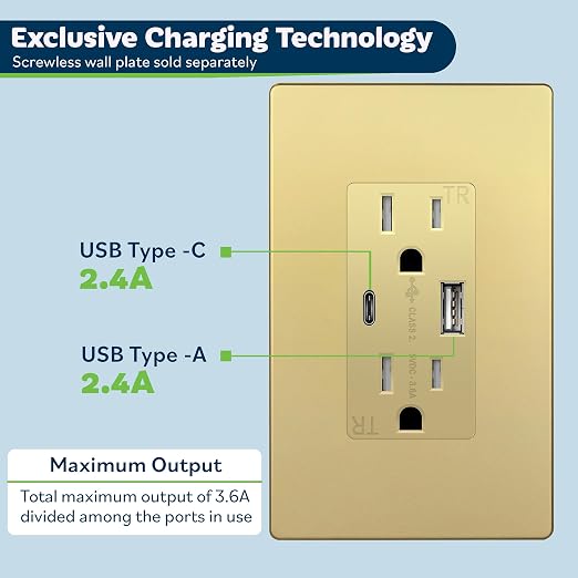 TOPGREENER USB Outlet, 4.2A Type C & Type A Wall Outlet, 15 Amp Tamper Resistant Receptacle Plug, Screwless Wall Plate Included, UL Listed, TU21536AC-GDWSI-2PCS, Gold, 2 Pack