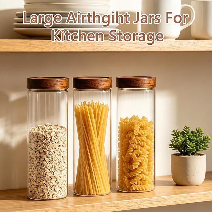 KEYWING 64 fl.oz Pasta Containers Set of 3, Glass Spaghetti Container Storage with Airtight Acacia Wood Lid, Tall Food Storage Jars, Clear Pantry Organizers for Cereal, Bread-sticks, Noodles