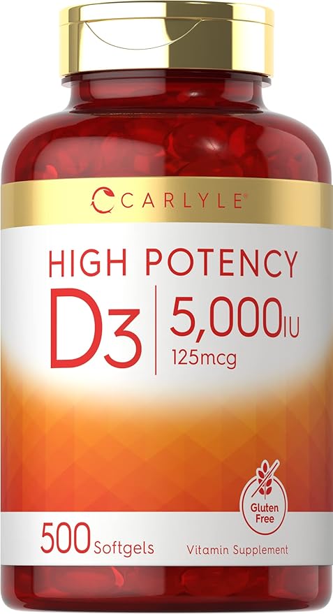 Gélules de vitamine D3 5000 UI Carlyle | 500 unités | Format économique | Complément sans OGM et sans gluten | Formule haute puissance | 125 mcg