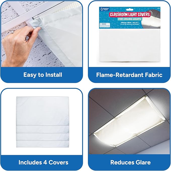 Educational Insights Fluorescent Light Covers 4-Pack: Whisper White - Ceiling Light Filters for Classroom, Office & Home Lighting, Overhead LED Shades, Calming Sensory Fixtures & Teacher Essentials