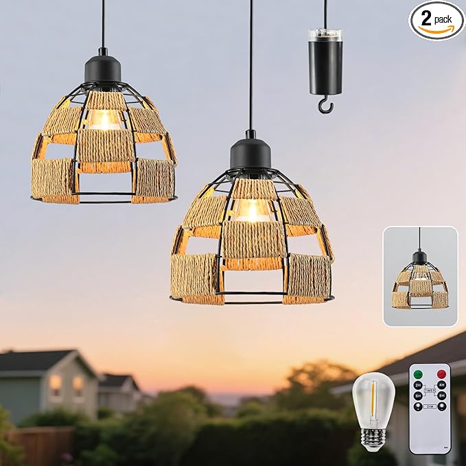 Battery Operated Chandelier with Remote & Timer, 7" Rattan Hanging Pendant Light, 4*AA Powered Cordless Outdoor Indoor Light, Dimmable Outdoor Chandeliers for Gazebo Porch Patio Bedroom Decor（2P）