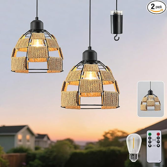 Battery Operated Chandelier with Remote & Timer, 7" Rattan Hanging Pendant Light, 4*AA Powered Cordless Outdoor Indoor Light, Dimmable Outdoor Chandeliers for Gazebo Porch Patio Bedroom Decor（2P）
