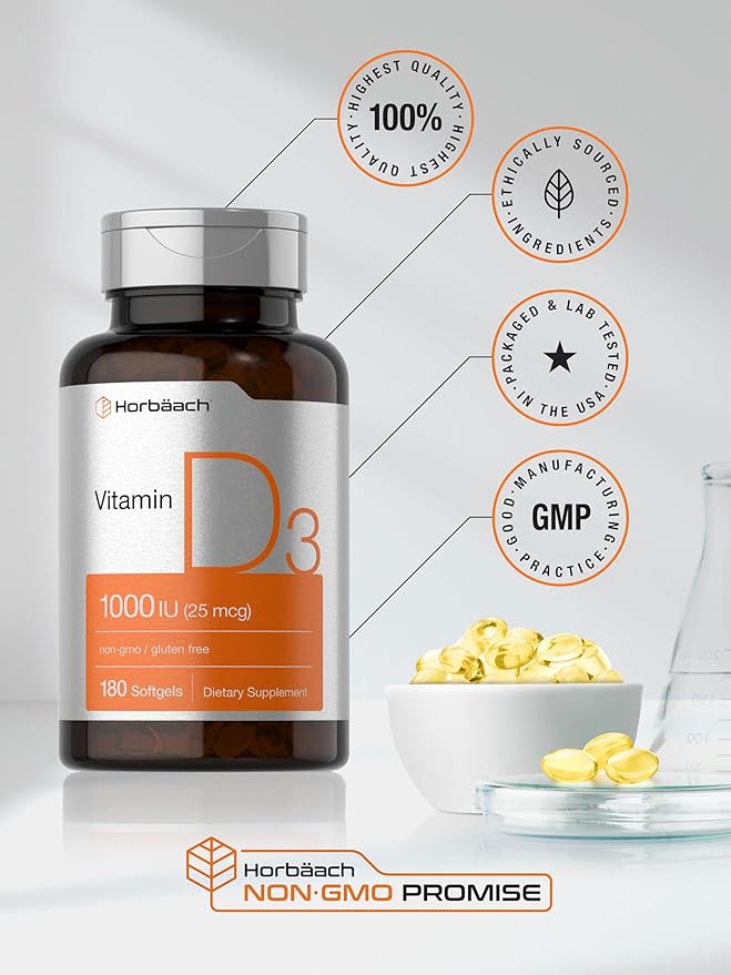 Horbäach Vitamine D3 1000 UI (25 mcg) Gélules | 180 unités | Formule à haute puissance | Complément sans OGM et sans gluten
