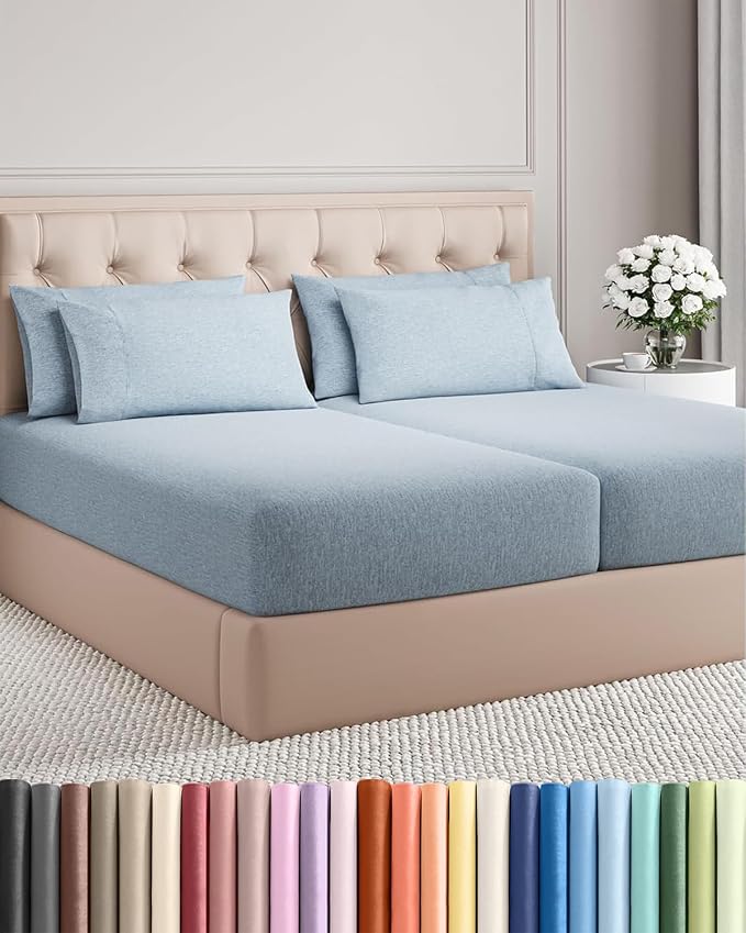 Split King 7 Piece Sheet Set - Comfy Breathable & Cooling - Soft Hotel Luxury Bedding Set w/ 8-16 Inch Deep Pockets - 1 Flat & 2 Fitted Sheet & 4 Pillowcases - Cozy and Wrinkle Free - Heathered Blue
