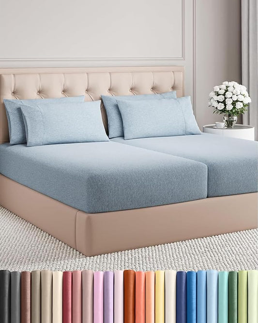 Split King 7 Piece Sheet Set - Comfy Breathable & Cooling - Soft Hotel Luxury Bedding Set w/ 8-16 Inch Deep Pockets - 1 Flat & 2 Fitted Sheet & 4 Pillowcases - Cozy and Wrinkle Free - Heathered Blue