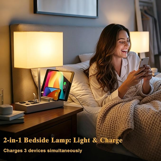 Briever USB Table Lamp, Multi-Functional Desk Lamp with 2 AC Outlets, Bedside Lamp with 3 USB Charging Ports and Wooden Phone Stands, Nightstand Lamp for Bedroom, Livingroom, Office, Silver Woodgrain