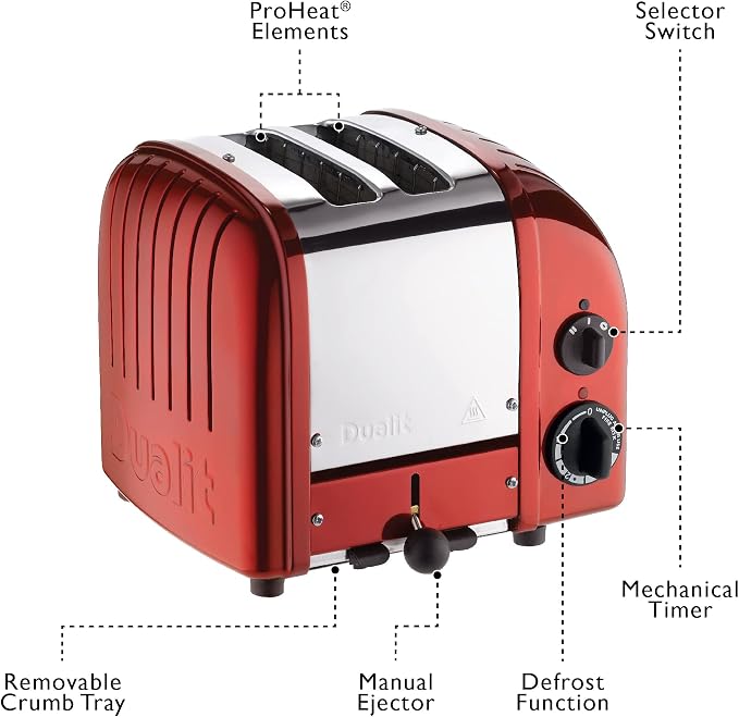Dualit Classic 2 Slice NewGen Apple Candy Red Toaster - Hand Built in the UK – Replaceable ProHeat Elements - Heat One/ Two Toast Slices, Defrost Bread, Mechanical Timer - For Toast, Bagels & More