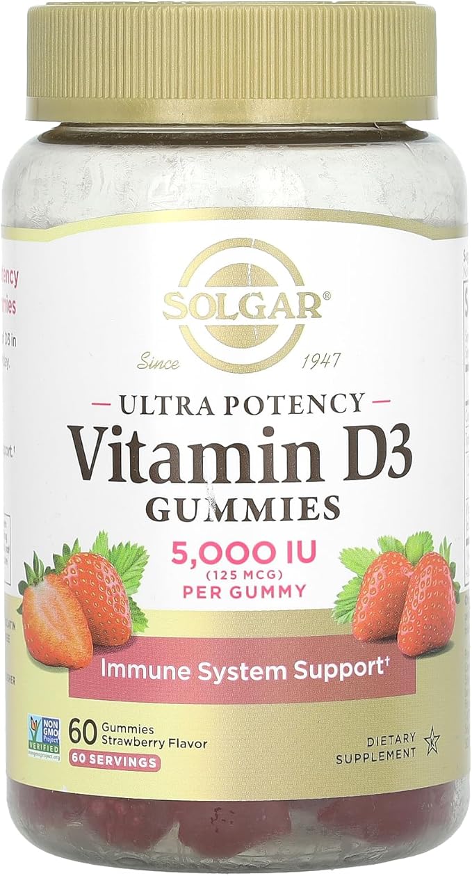 Gummies de vitamine D3 Solgar pour adultes 5 000 UI Ultra Potent Vitamine Soutien du système immunitaire pour femmes et hommes – Saveur fraise savoureuse, sans gluten et sans gélatine, approvisionnement de 2 mois, 60 portions, 2 g de sucre