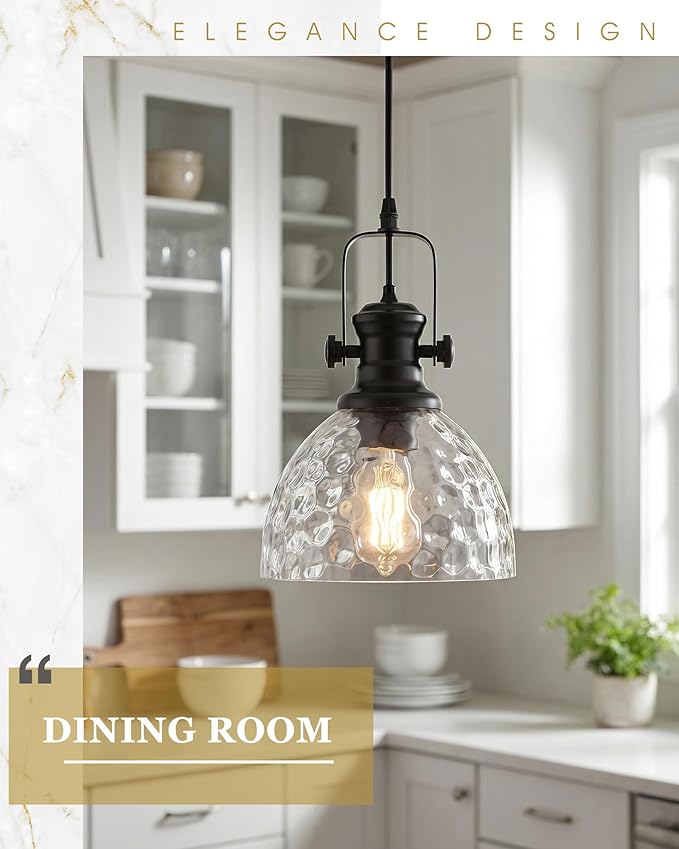2-Pack Pendant Lights Kitchen Island, 7.5" Farmhouse Black Pendant Lighting with Hammered Glass Shade, Vintage Hanging Light Fixtures for Dining Room Entryway, AD-22151-1P2-BK-H