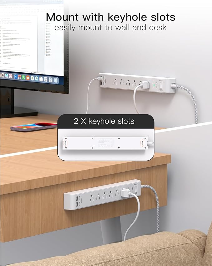 2 Pack Power Strip, Extension Cord 3FT, Surge Protector with 6 Outlets and 4 USB Ports (2 USB C), Flat Plug Overload Protection, Extension Cord with Multiple Outlets, Wall Mount for Home Dorm College