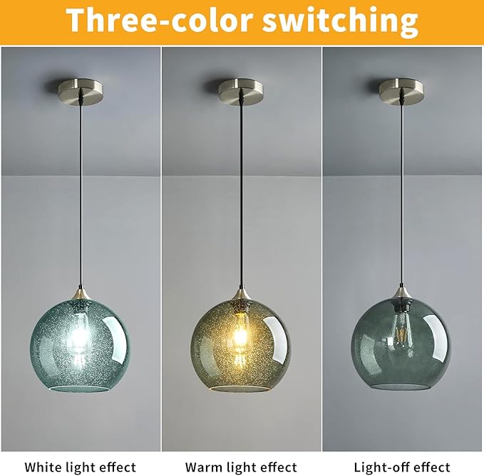 Mikeru Glass Globe Pendant Light Single, 7.87 Inch Gray Green Bubble Glass Hanging Lamp, Mid Century Modern Pendant Lighting for Kitchen Island Dining Room Bedroom (Bulb Not Included)