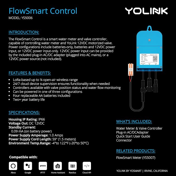 NSF Certified Pulse Meter + Shutoff Valve Kit, 3/4", FlowSmart Controller YS5006 Reads Meter Pulses, Real-Time Usage & Leak Detection, Auto Shutoff (D2D Offline), LoRa Long Range, Hub Included