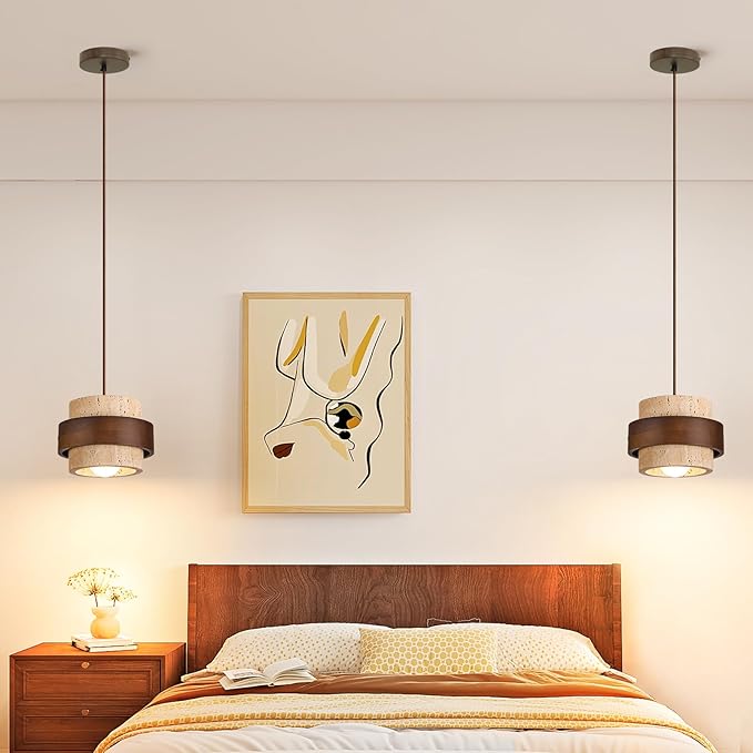 Nordic Pendant Light Wabi-Sabi Lamp, Yellow Travertine Stone Hanging Light Fixture for Dining Room, Kitchen Island, Bedroom Bedside, Bar, Compatible with E26 Bulb Base
