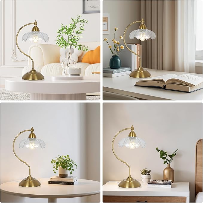 Glass Desk Lamp, Gold Table Lamps for Living Room, Brass Side Table Lamp with Clear Flower Shade, Desk Lamps for Home Office, Mid Century Modern Nightstand Lamp, Vintage Beside Lamp for Bedroom Decor