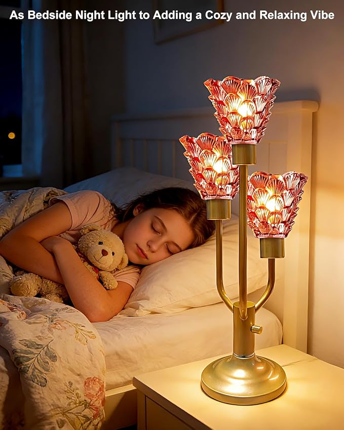 Mid Century Modern Table Lamp Dimmable Nightstand Lamp Red Glass Gold Vintage Desk Lamp 3 Bulbs Included Warmwhite Ambient Bedside Lamps for Living Room Bedroom End Table Office Home Decor