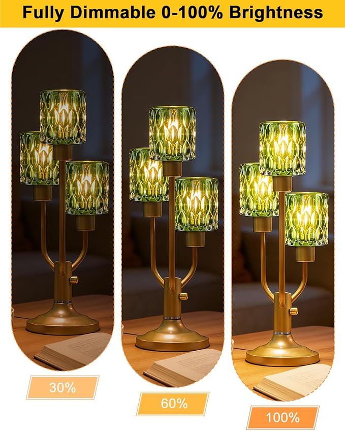 Mid Century Modern Glass Green Table Lamp Dimmable Nightstand Lamp Gold Vintage Desk Lamp 3 Bulbs Included Warmwhite Ambient Bedside Lamps for Living Room Bedroom End Table Office Home Decor