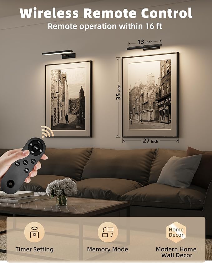 EZVALO Picture Light for Wall, 13'' Black Rechargeable 4800mAh Battery Lights Wireless with IR Remote, Magnetic LED Art Painting Light with 3 Color Temperatures, Display for Gallery, Living Room
