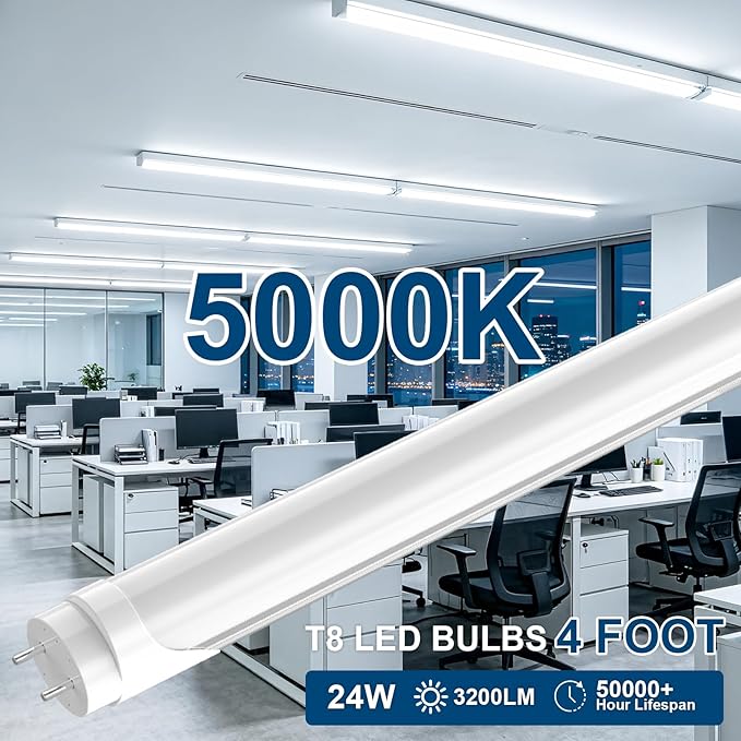 JESLED T8 4FT LED Type A+B Tube Light Bulbs, 24W 5000K, 3200LM, Plug and Play or Ballast Bypass, 4 Foot LED Flourescent Replacement Tubes, Dual-end Powered, Frosted, Garage Warehouse Lights(6 Pack)