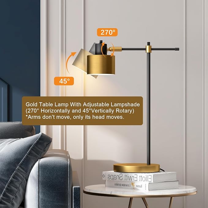 OYEARS 22.2" Modern Desk Lamp, Metal Table Lamp with LED Bulb, Adjustable Reading Lamps for Living Room, Mid Century Task Lamp for Home Office, Industrial Bedside Lamps with Solid Base,Black and Gold