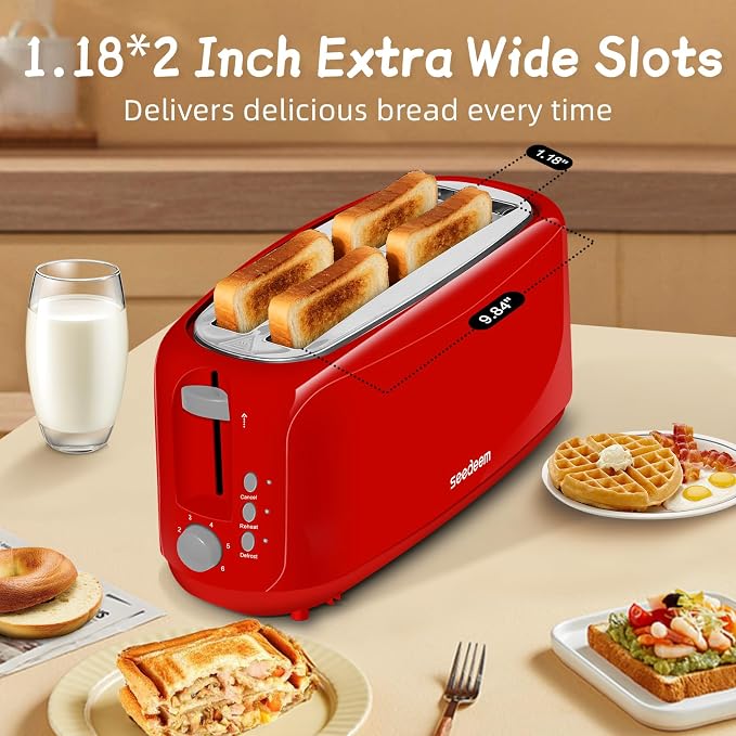 SEEDEEM 4 Slice Toaster, Extra Wide Slots Bread Toaster with 6 Shade Settings, Bagel/Cancel/Defrost/Reheat Functions, Removable Crumb Tray, Auto Shut-Off, Red