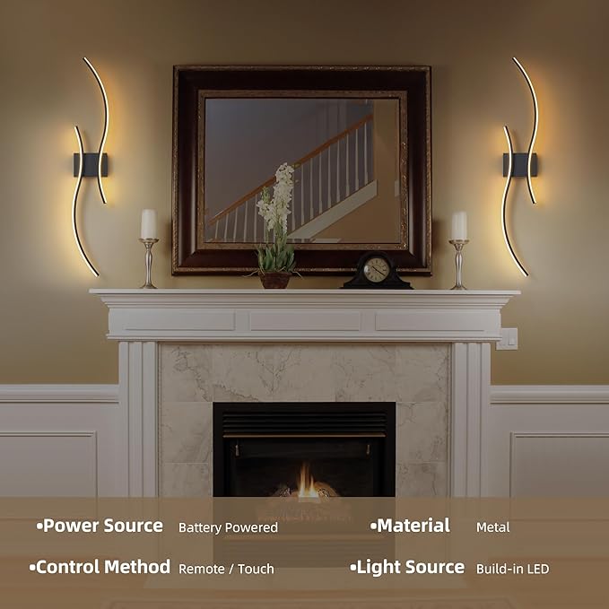 Battery Operated Wall Sconce Set of 2, Dimmable Modern LED Rechargeable Wall Light with Remote Control, Wall Decor for Living Room, Hallway, Quick Install, No Electrician Required