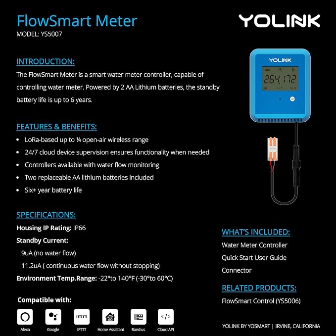 YoLink FlowSmart NSF Water Meter, Smart Water Usage Monitor and Water Leak Detection: 0.5 Inch Advanced Smart Home Water Meter, Hub Included