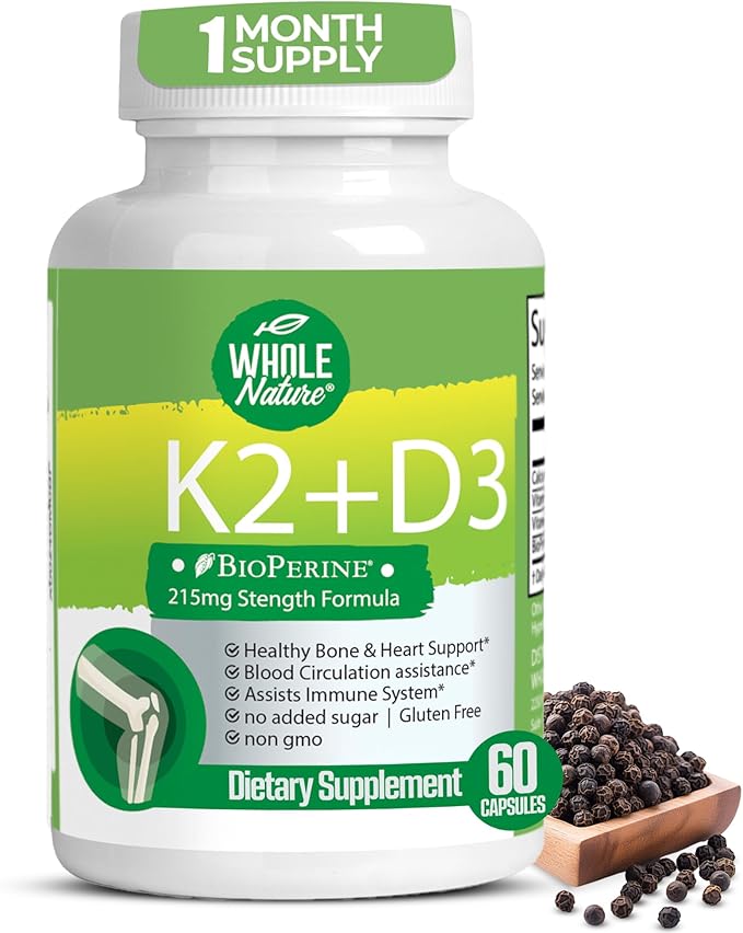 Vitamine K2 D3 avec BioPerine - 5000 UI D3 + K2 MK-7 pour la santé des os et du cœur - 60 capsules végétaliennes
