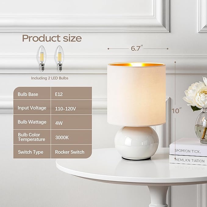 Hamucd Ceramic Table Lamps Set of 2, Modern Classic Bedside Lamps for Nightstand, Small Table Lamp for Bedroom Living Room Desk End Table (White)