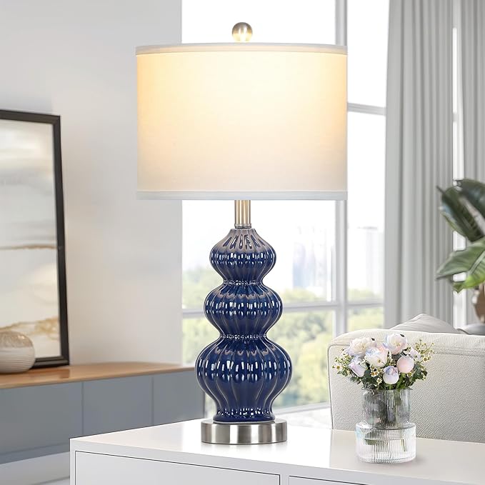 Cinyirong 26" Blue Table Lamp Set of 2 with Rotary Control, Ceramic Table Lamps Classic Beside Lamps Nightstand Lamp Modern Table Lamp for Living Room,LED Bulbs Included