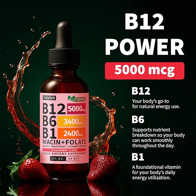 (Lot de 2) Gouttes liquides de Vitamine B12 et B6, Complexe de Vitamines B12 Sublingual - Vitamine B12 5000mcg - Méthylcobalamine B12 pour l'énergie, le cerveau et le soutien cardiaque avec 27 200 mcg, Fraise, 80 portions