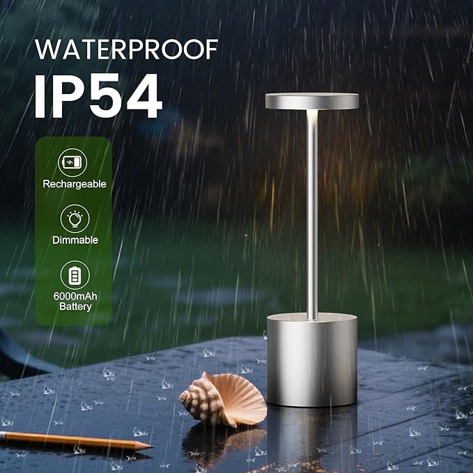 SAKRINGT 2 Pack Outdoor Table Lamp,LED Table Light,Cordless Table Lamp Rechargeable ,5000mAh Battery Powered Dimming Desk Lamp for Restaurant/Patio /Outdoor(Silver)