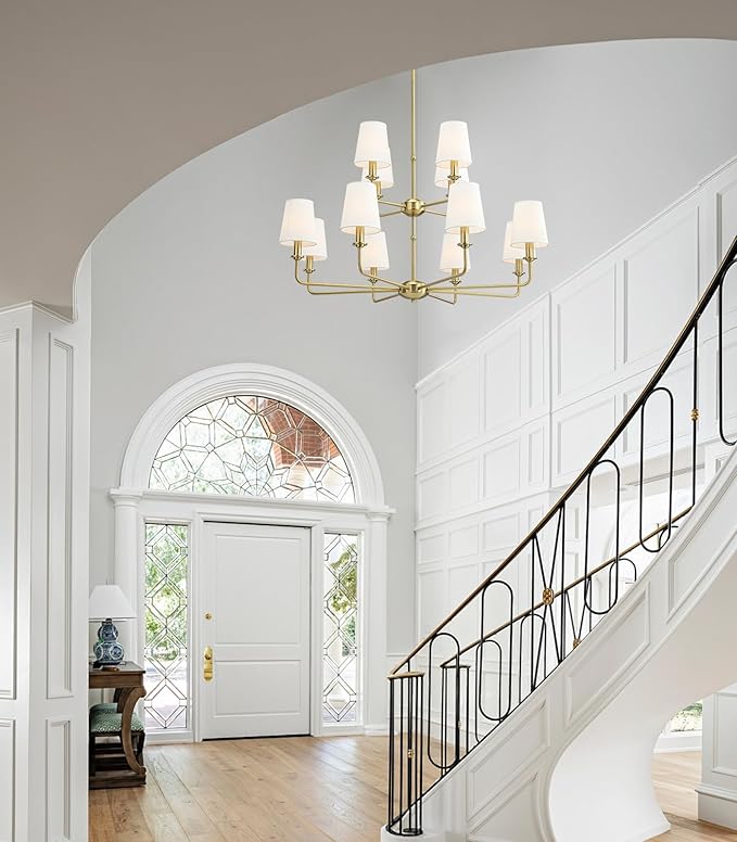 12-Light Brushed Gold Chandelier, E12 Bulb Compatible, White Fabric Shades, Adjustable Rod, Farmhouse & Industrial Style Ceiling Light for Living Room Dining Room Bedroom