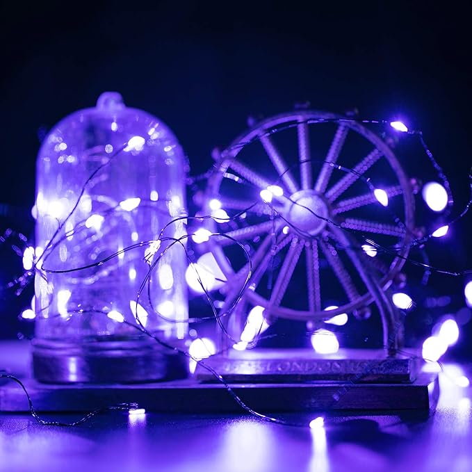 Halloween Purple Fairy String Lights: 12 Pack 7 Ft 20 LED Battery Operated Firefly Lights on Black Wire Starry Moon Lights for DIY Party Bedroom Patio