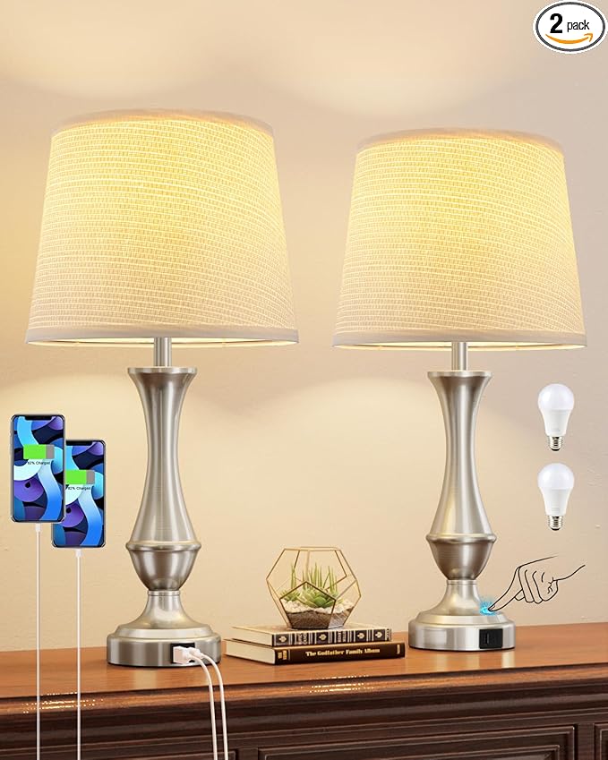 Seealle Upgraded Touch Lamps for Night Stands Set of 2 - Bedside Lamps with USB C+A, 3 Way Dimmable for Bedroom Living Room End Tables Office (Weaving White&Silver)