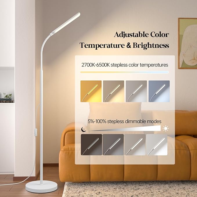 Aisutha LED Floor Lamp, 18W Super Bright Floor Lamp for Living Room, Adjustable Stepless Colors & Brightness Standing Lamp, Eye Caring Reading Light with Remote (White)