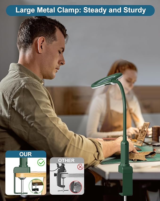 12X Magnifying Glass with Light and Stand, Real Glass, LED 5 Color Modes, Brightness Stepless Dimming Lighted Magnifier Hands Free, Flexible Gooseneck Desk Lamp with Clamp for Close Work, Craft, Green