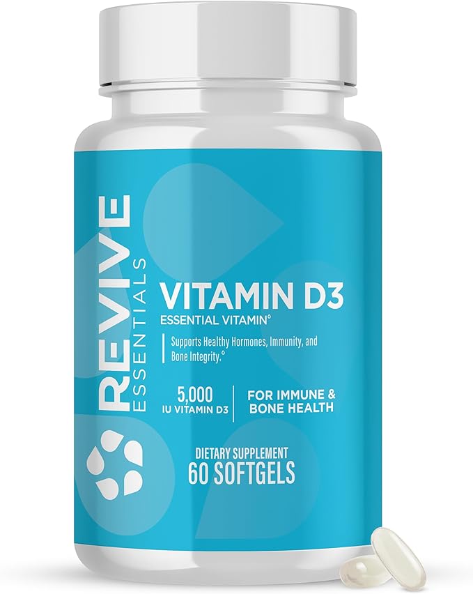 Revive MD Vitamin D3 Supplement 5000 IU – High Potency Cholecalciferol for Immune Support, Calcium Absorption, Bone & Muscle Health – Non-GMO Dietary Supplement, No Fillers (60 Softgels, 60 Servings)