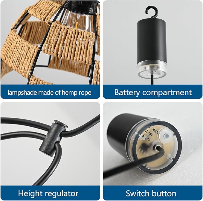 Battery Operated Chandelier with Remote & Timer, 7" Rattan Hanging Pendant Light, 4*AA Powered Cordless Outdoor Indoor Light, Dimmable Outdoor Chandeliers for Gazebo Porch Patio Bedroom Decor（4P）