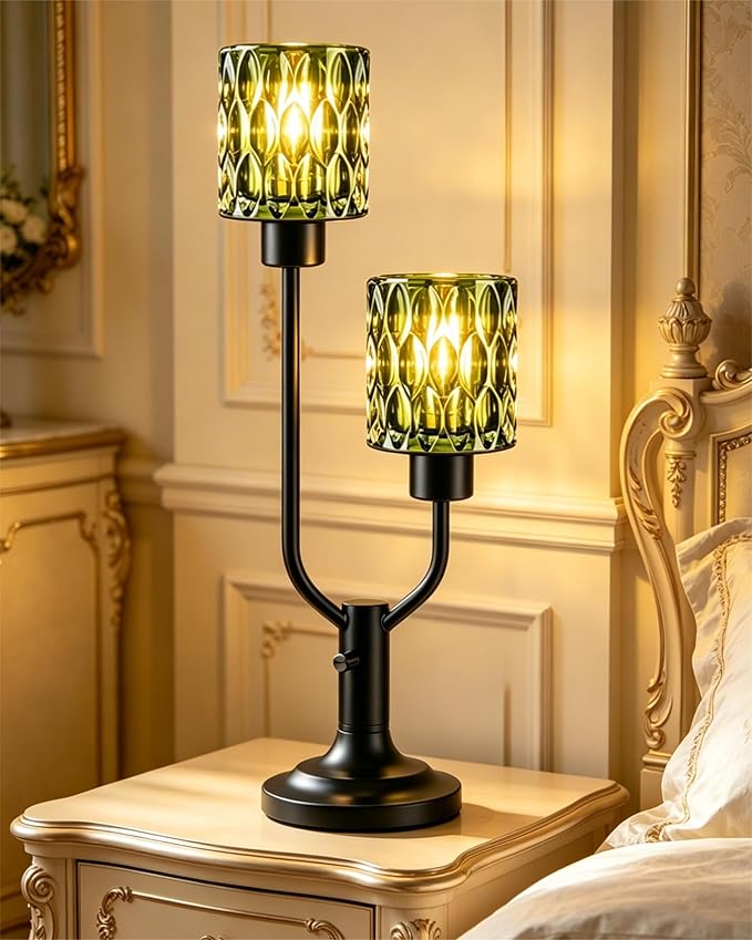 Lightdot Vintage Table Lamp for Living Room Dimmable Nightstand Lamp Mid Century Modern Green Glass Black Desk Lamp 2 Bulbs Included Warmwhite Ambient Bedside Lamps for Bedroom Home Office Decor Gift