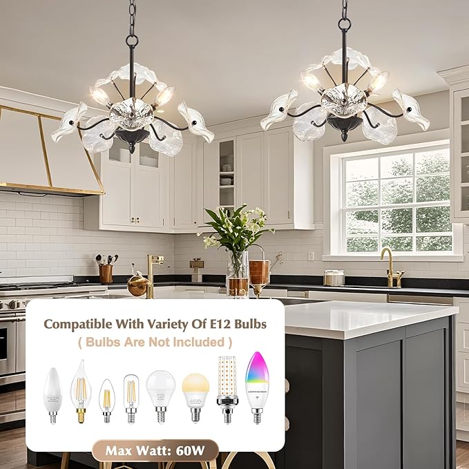 Luvkczc Black Chandelier,Vintage Flower Glass Pendant Light Fixture,Mid Century Ceiling Light Fixture for Dining Room, Kitchen, Living Room, Bedroom Hallway Porch,3 Lights