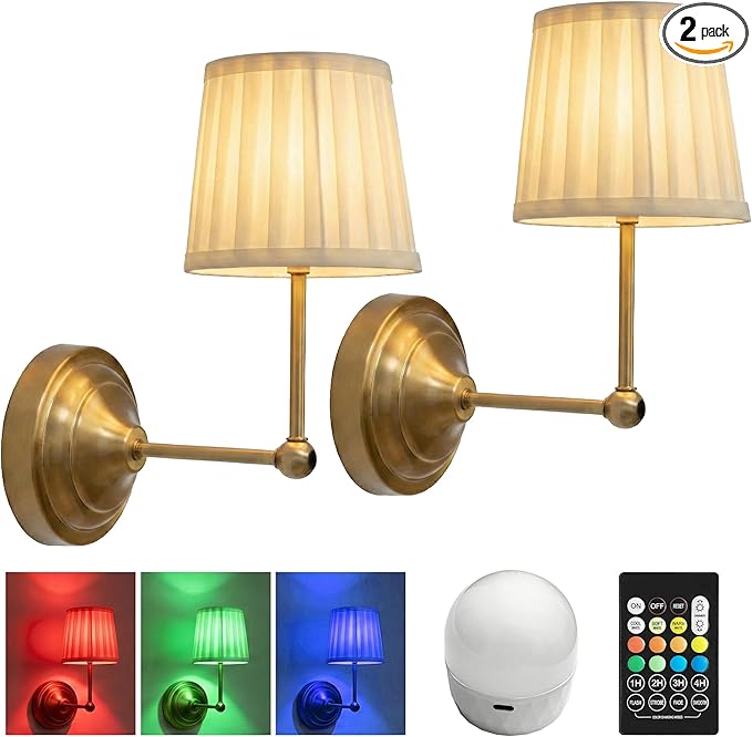 Battery Operated Wall Sconces Set of 2, Gold Rechargeable Wall Lights with 10000mAh RGB Dimmable Magnetic Bulbs and Remote,16 Colors Cordless Wall Lamps for Bedroom Living Room Hallway Decor