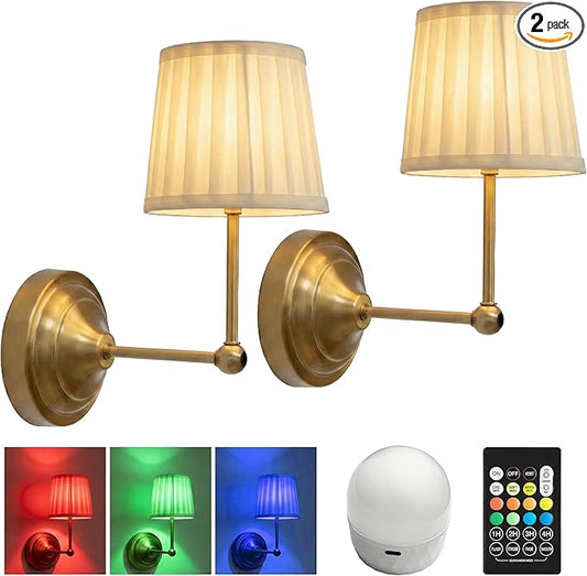 Battery Operated Wall Sconces Set of 2, Gold Rechargeable Wall Lights with 10000mAh RGB Dimmable Magnetic Bulbs and Remote,16 Colors Cordless Wall Lamps for Bedroom Living Room Hallway Decor