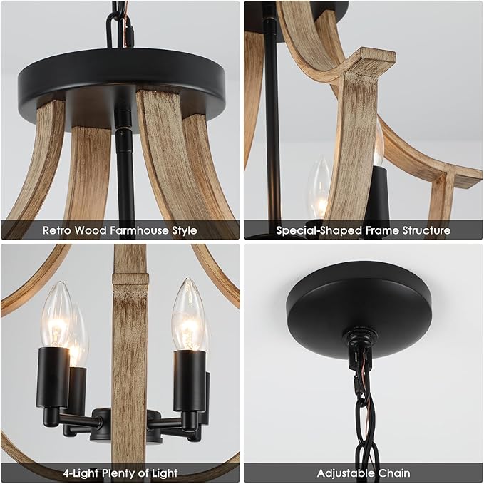 LAMPKEDUO Farmhouse Hanging Pendant Lighting, 4-Light Rustic Flush Mount Ceiling Light Fixture,Modern Faux Wood Vintage Chandelier for Dining Room Kitchen Island Foyer Hallway Entryway Bedroom