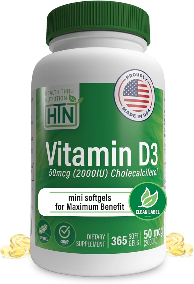 Health Thru Nutrition Vitamine D3 2000 UI 365 Mini Gélules pour un Maximum de Bénéfices | Approvisionnement Annuel | 50mcg Cholécalciférol | Testé par un Tiers | Sans OGM Qualité USP dans Huile d'Olive Extra Vierge | Soutien du Système Immunitaire