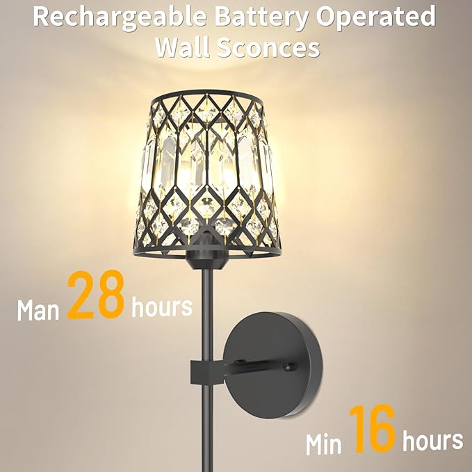 Black Battery Operated Wall Sconces Set of 2, Crystal Rechargeable Wireless Wall Sconce Lights for Home Decor, Dimmable 12 RGB and 3CCT Wall Lamps with Remote for Living Room Bedroom Hallway