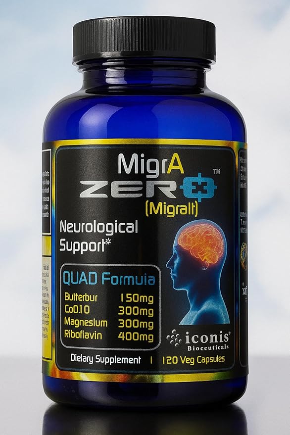偏頭痛緩和、PAフリーフキタンポポ（150mg）、コエンザイムQ10（300mg）、マグネシウムグリシン酸（300mg）、高用量リボフラビン（400mg）配合クアッドフォーミュラ - MigrA Zero (120カプセル) 偏頭痛に悩む方に最適な用量