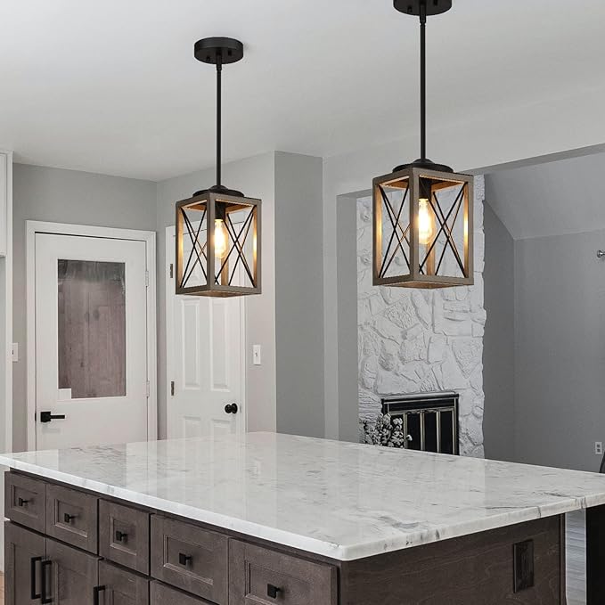 DEWENWILS Pendant Light Fixtures, Metal Hanging Light Fixture with Wooden Grain Finish, 48 Inch Adjustable Pipes for Flat and Slop Ceiling, Kitchen Island, Bedroom, Dining Hall, E26 Base